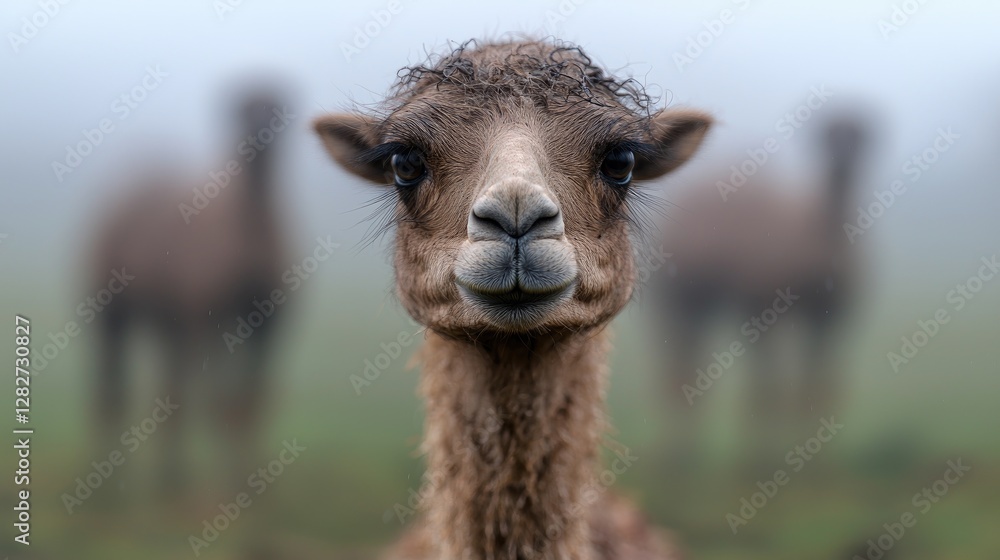 Obraz premium Close-up of a Bactrian Camel in Foggy Field. Possible Use Stock Photo