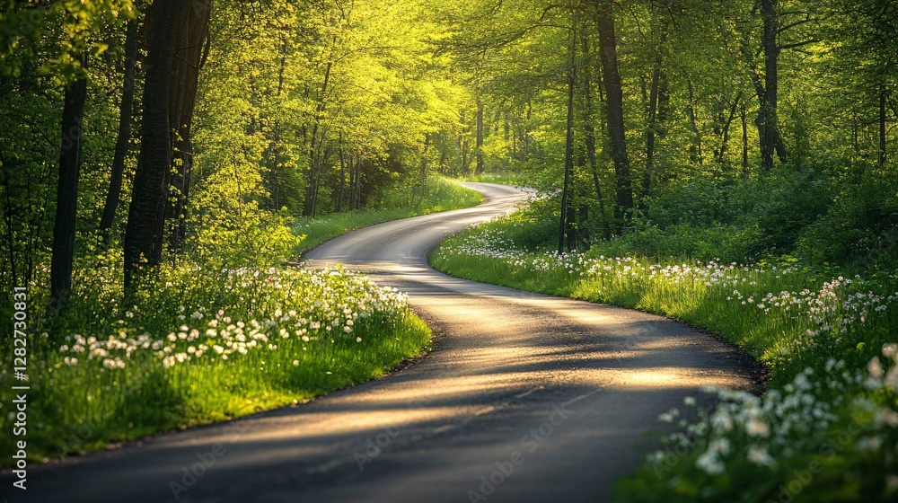 Fototapeta premium Serene Country Road Winding Through Lush Green Forest