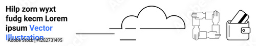 Cloud icon, four hands forming a square, and wallet with credit card. Ideal for technology, collaboration, security, finance, digitization network data storage. Landing page