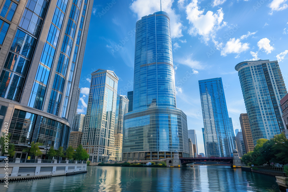 Obraz premium A breathtaking view of stunning modern skyscrapers towering against a clear blue sky, showcasing contemporary architecture and urban vibrancy. Ideal for business and travel themes.