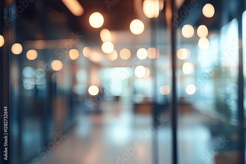 Blurred office lobby, evening lights, modern design, background bokeh, website banner