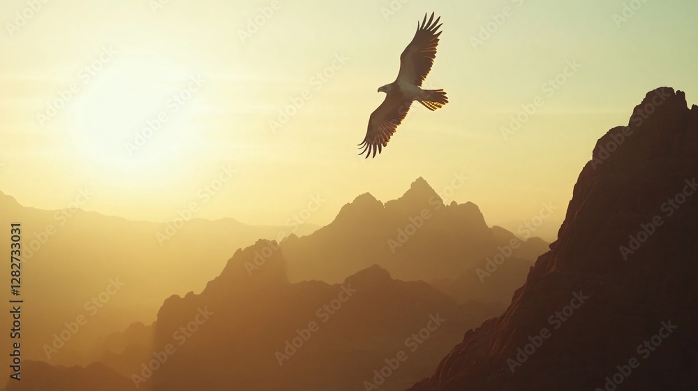 Obraz premium Majestic Eagle Soaring Over Golden Sunset Mountain Range