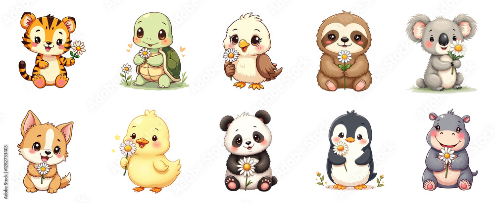 Adorable Animals With Daisy Flower's Clipart PNG Bundle.. Adorable Animals With Daisy Flower's Clipart PNG Bundle..