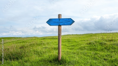 Wooden Signpost with Blue Arrows in a Scenic Green Landscape Under a Cloudy Sky