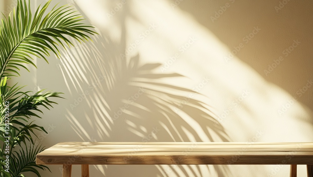 Sunlight casts palm shadow on wooden table, beige wall Sunlight casts palm shadow on wooden table, beige wall