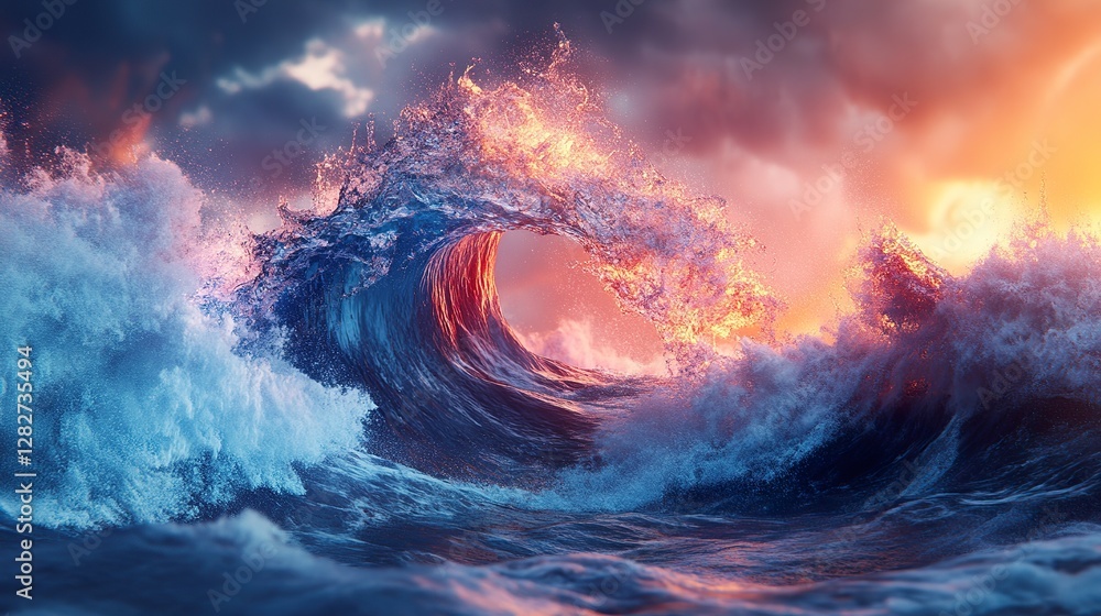Fototapeta premium A magnificent wave crashes dramatically at the edge of twilight