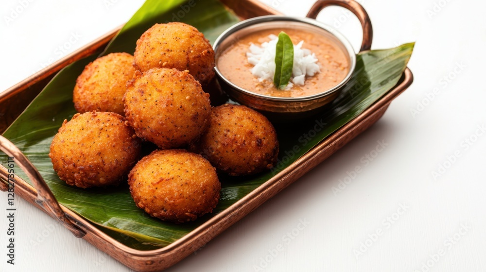 Copper dishes with national Indian food Concept, Crispy Fried Lentil Vadas Served on Copper Tray with Dipping Sauce and Banana Leaf Decoration Copper dishes with national Indian food Concept, Crispy Fried Lentil Vadas Served on Copper Tray with Dipping Sauce and Banana Leaf Decoration