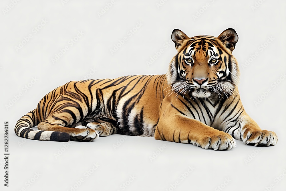 Fototapeta premium Tiger Lying, Studio, Gray Background, Wildlife Portrait