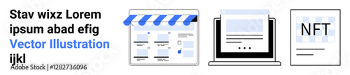 E-commerce interface showing a shopfront, laptop screen with webpage, and NFT document. Ideal for online business, digital marketing, e-commerce, technology, NFTs, blockchain web development