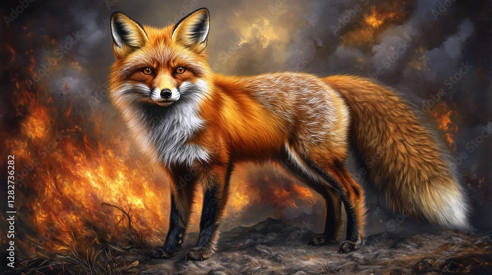 Obraz premium Red fox wildfire background nature danger poster