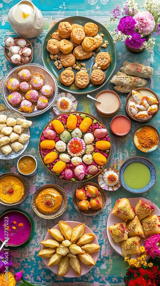Fototapeta premium Holi Food Table with Sweet Treats and Traditional Drinks, Holi 