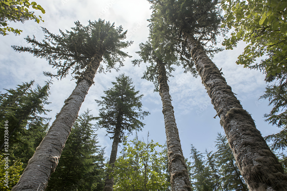 Fototapeta premium Majestic evergreen trees reaching towards a partly cloudy sky, viewed from below, showcasing their immense height and the texture of their bark.