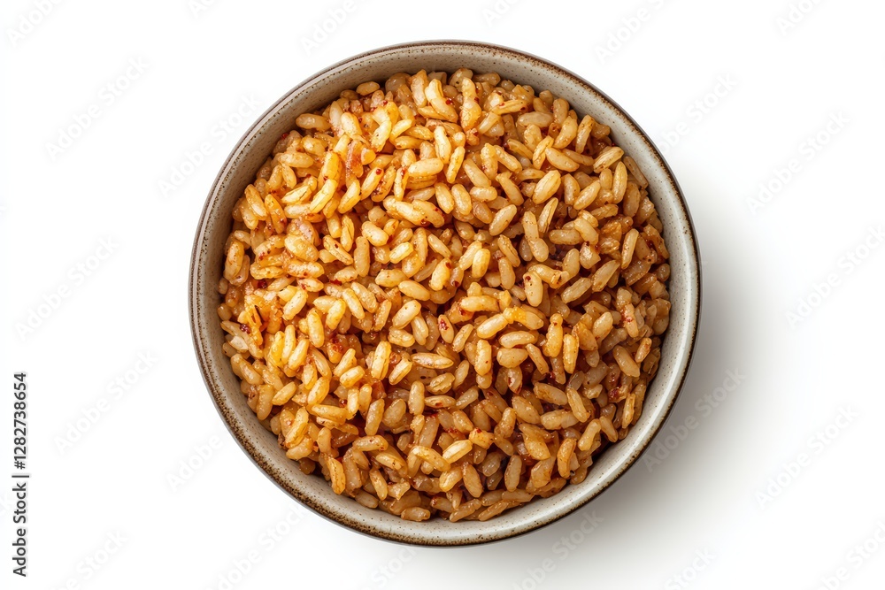 Korean roasted rice seasoning, top view, photorealistic texture, isolated on white background Korean roasted rice seasoning, top view, photorealistic texture, isolated on white background