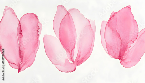 Delicate watercolor painting of three pink flower blossoms, minimalist floral art, soft hues, artistic design.