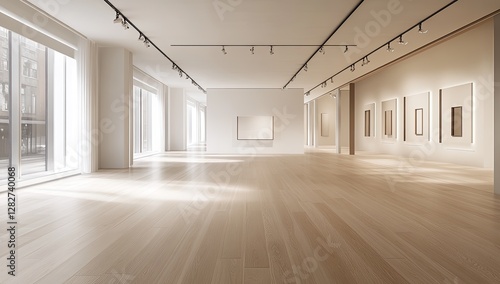 Sunlit modern gallery, empty, hardwood floor, city view, art display