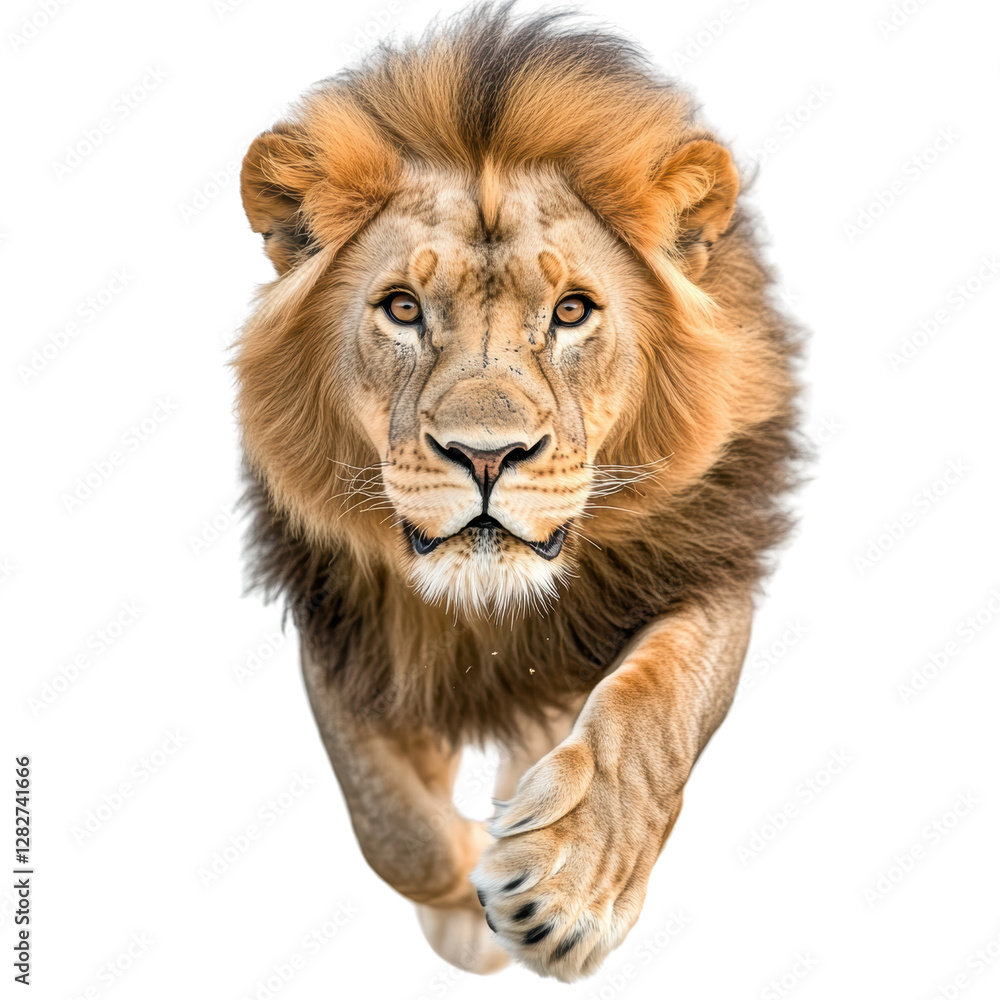 Lion leaping through the air in a dynamic and powerful motion captured in a natural setting on white background , cut out. Lion leaping through the air in a dynamic and powerful motion captured in a natural setting on white background , cut out.