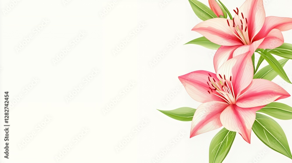 Fototapeta premium Pink Lilies on White Background Watercolor Floral Illustration