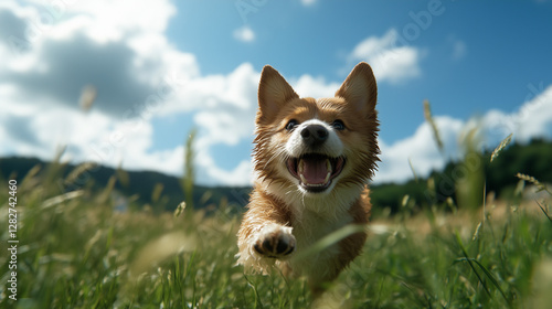 Corgi's Joyful Dash: A cheerful corgi bounds energetically through a sun-drenched field of tall grasses, its happy expression and playful stance radiating pure delight.