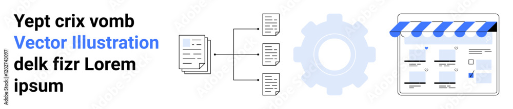 Documents connected by arrows, a gear representing settings, and an online store interface with a blue awning. Ideal for business process, organization, e-commerce, technology, data management Documents connected by arrows, a gear representing settings, and an online store interface with a blue awning. Ideal for business process, organization, e-commerce, technology, data management