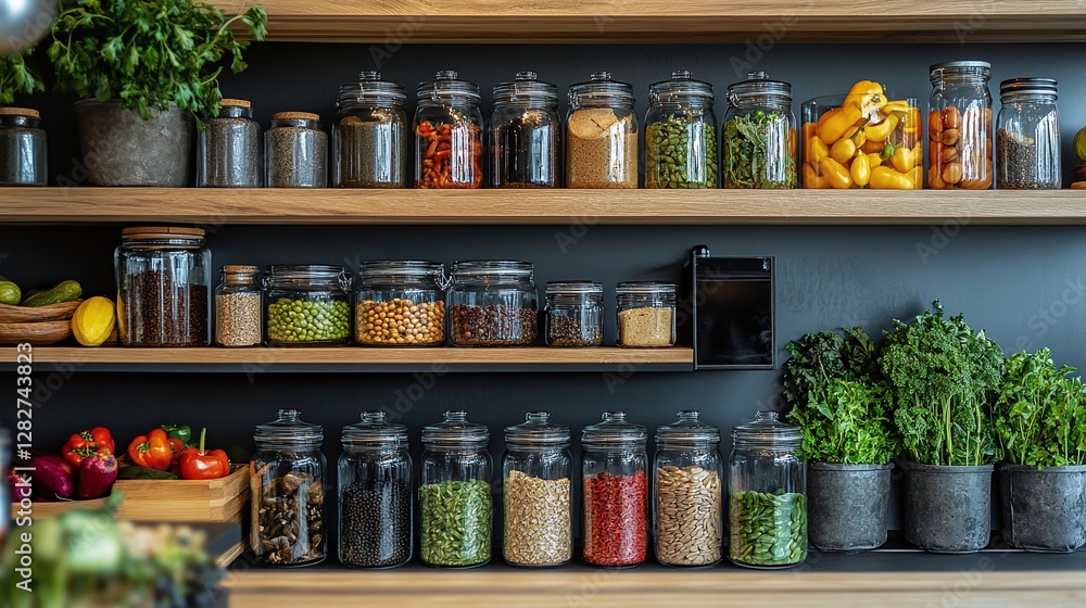 custom made wallpaper toronto digitalkitchen pantry organization in a modern interior with food storage solutions using glass jars fresh vegetables and groceries arranged in a clean and minimalist space