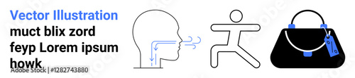 Breathing process in human head, running stick figure, black handbag with tag. Ideal for health, wellness, fitness, anatomy, lifestyle respiratory care fashion. Flat landing page banner