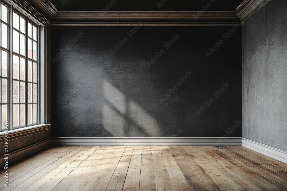 Sunlight streams into empty room; dark wall, wood floor, design mockup Sunlight streams into empty room; dark wall, wood floor, design mockup