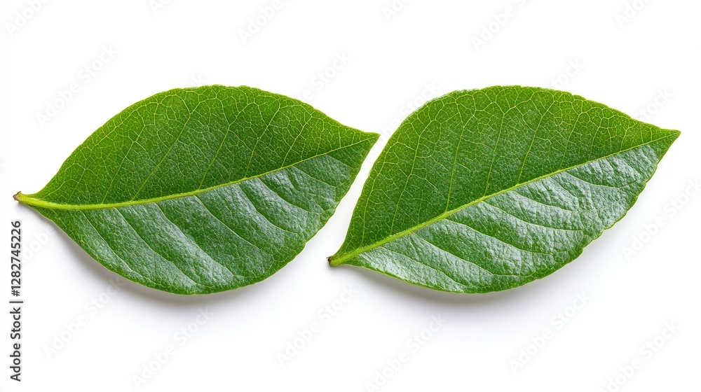 Obraz premium Two Fresh Green Leaves Isolated on White Background