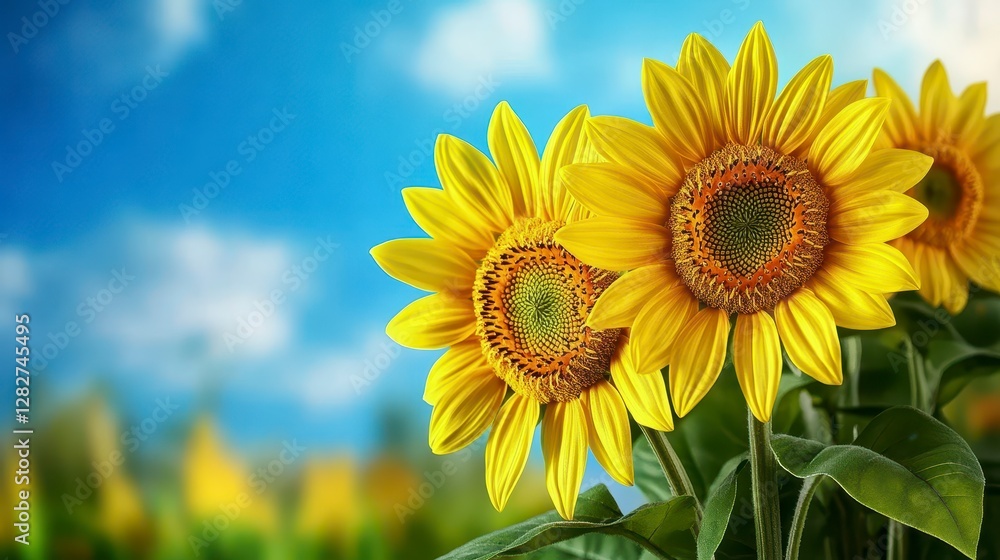 Two Sunflowers Closeup Bright Yellow against a Cloudy Sky Two Sunflowers Closeup Bright Yellow against a Cloudy Sky