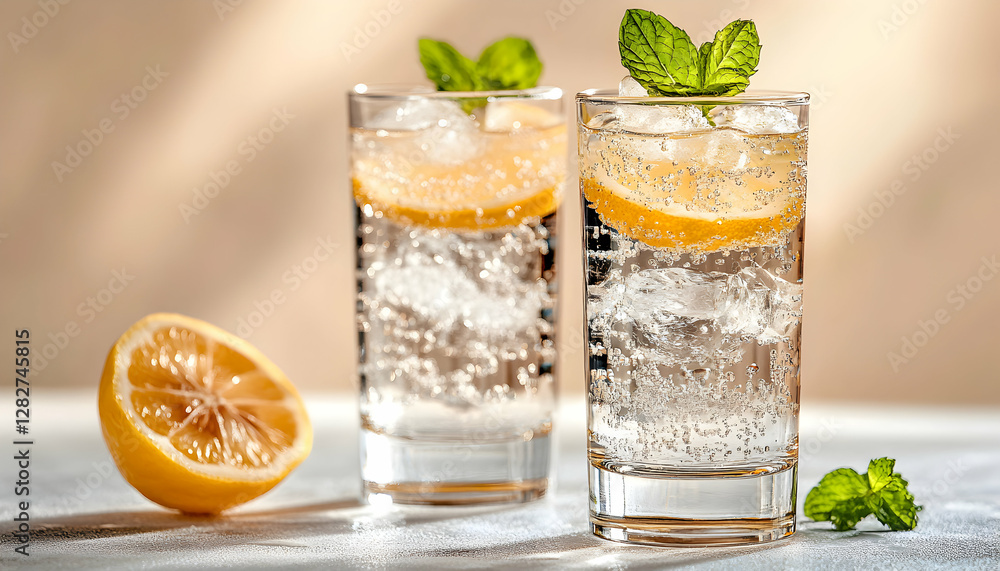 Refreshing sparkling water with lemon and mint in tall glasses, perfect for summer. Refreshing sparkling water with lemon and mint in tall glasses, perfect for summer.