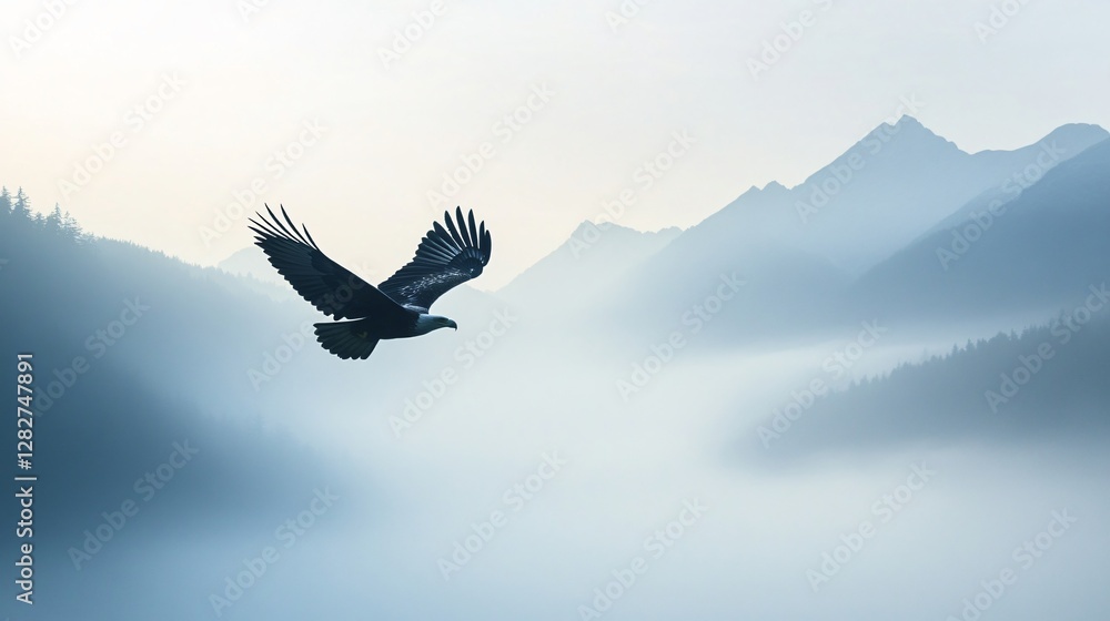 Fototapeta premium Majestic Eagle Soaring Above Misty Mountains