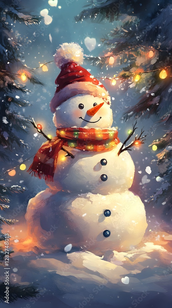Obraz premium Cheerful snowman with lights and a cozy scarf in a winter wonderland setting.