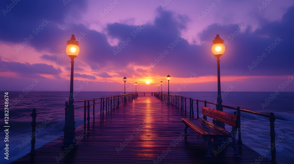 Fototapeta premium Seaside sunset scene features a wooden pier with a bench and vintage street lamp, a purple and orange sky, calm ocean waves, and dramatic dusk lighting, creating a peaceful evening atmosphere.