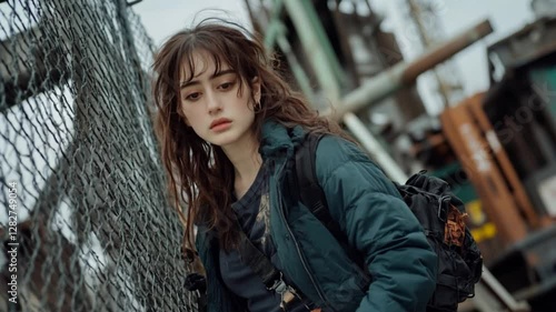 Girl, pensive, urban, scrapyard, backpack