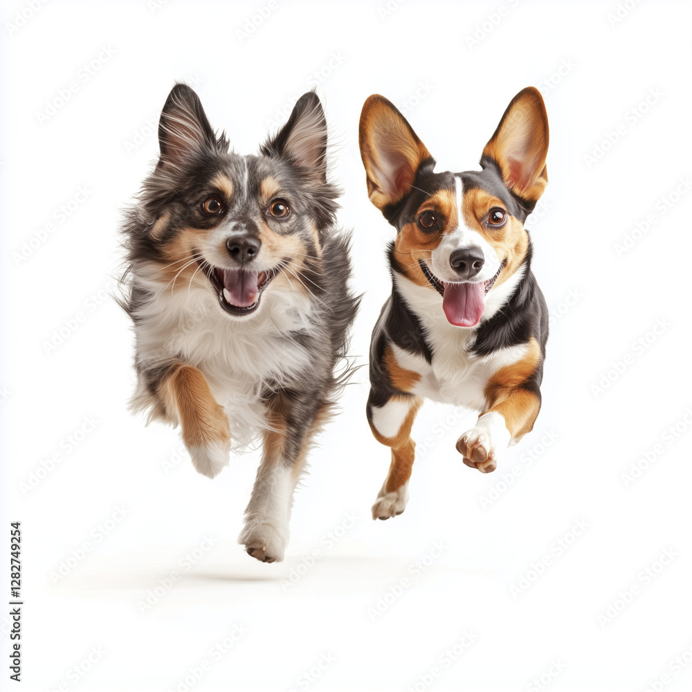 Cat and a dog running and playing together, friendship animals isolated on white background Cat and a dog running and playing together, friendship animals isolated on white background