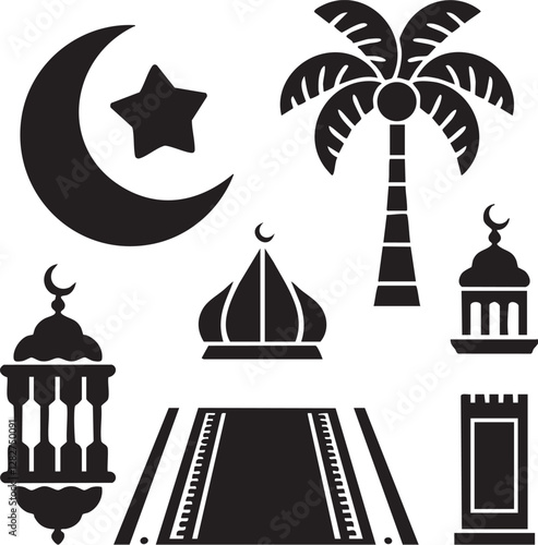 A vector illustration of a simple silhouette style Ramadan icon set, vector set of islamic icons