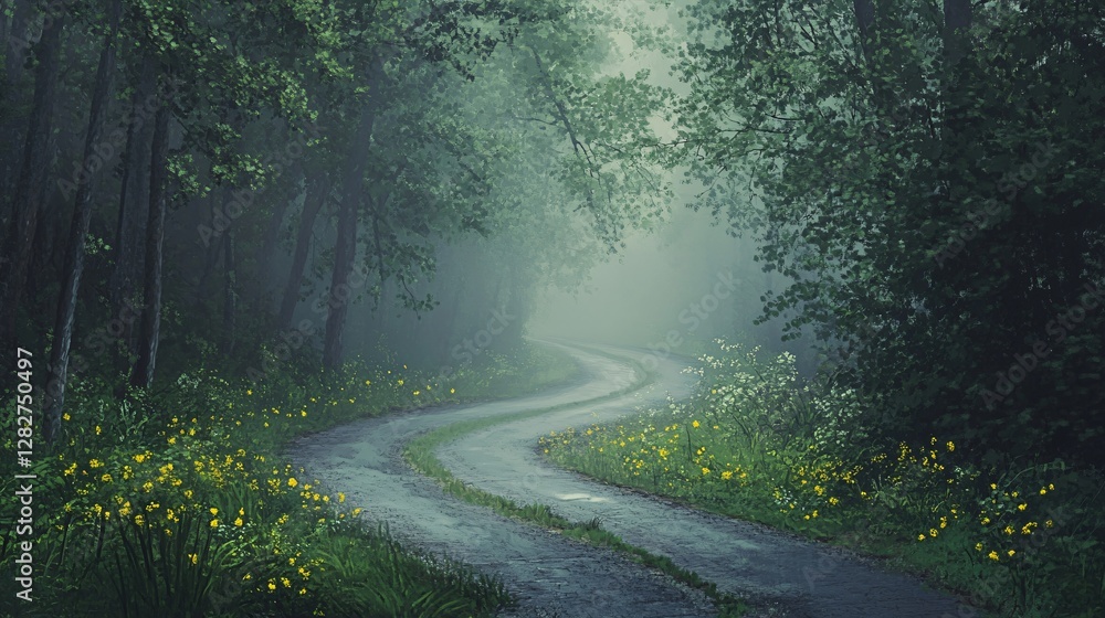 Fototapeta premium Mystical Foggy Forest Path Serene Winding Road Through Lush Greenery