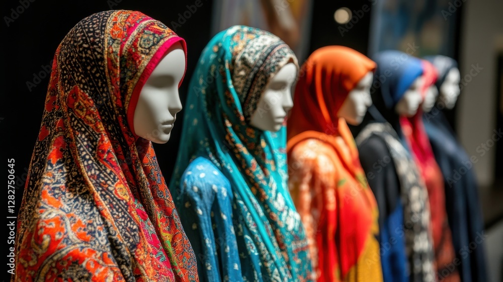 Fototapeta premium Colorful Display of Traditional Hijabs on Mannequins in Exhibit