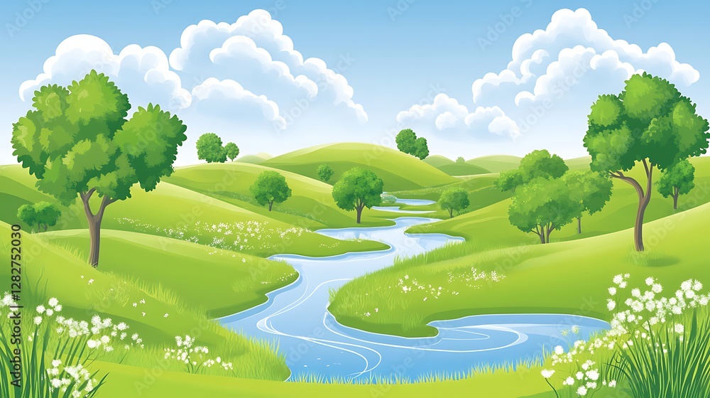 Serene River Winding Through Lush Green Rolling Hills Serene River Winding Through Lush Green Rolling Hills
