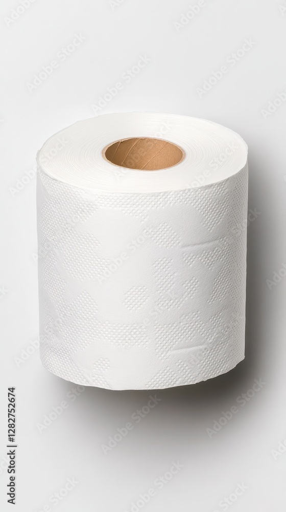 A single roll of toilet paper placed on a simple white background for hygiene and cleanliness themes A single roll of toilet paper placed on a simple white background for hygiene and cleanliness themes