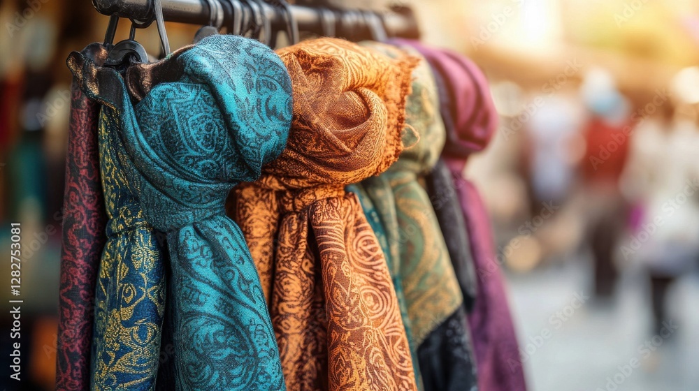 Fototapeta premium Colorful Scarves Hanging on Display in a Market Setting
