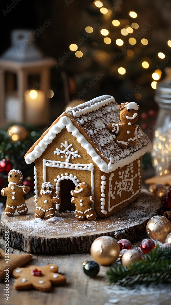 Festive gingerbread house with cheerful cookie figures and holiday decorations. Festive gingerbread house with cheerful cookie figures and holiday decorations.