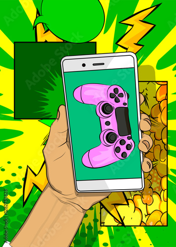 Cartoon Smartphone, comic book Telephone with Gaming controller. Retro vector comics pop art design.