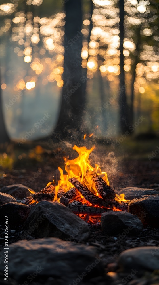 A mesmerizing campfire ablaze among tall trees at dusk. A mesmerizing campfire ablaze among tall trees at dusk.