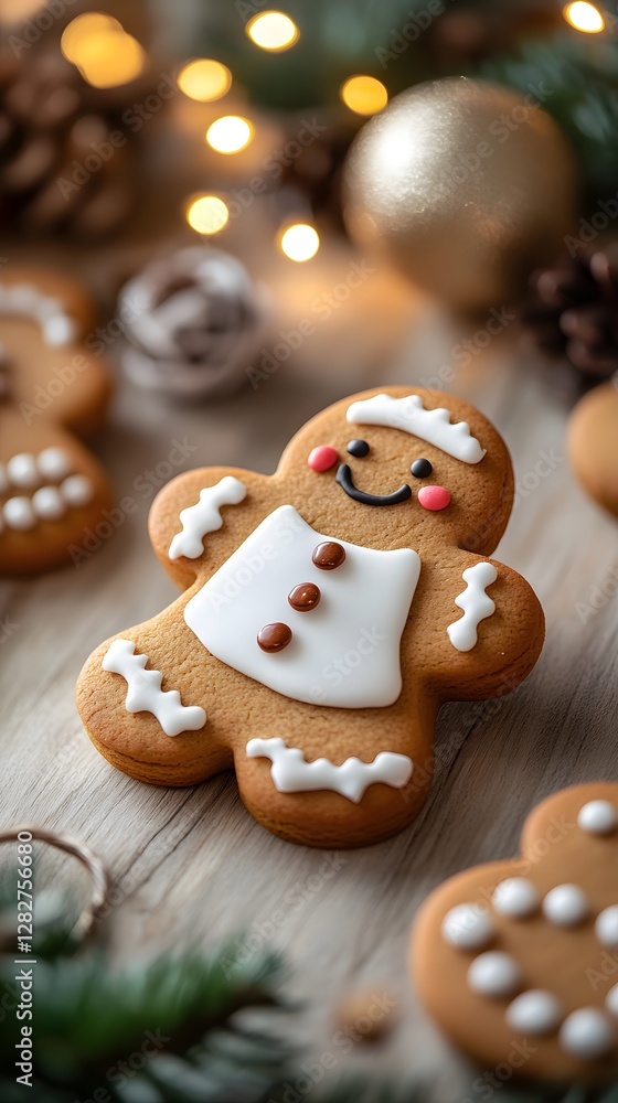 Festive gingerbread man cookie with cheerful decorations on a cozy holiday setting. Festive gingerbread man cookie with cheerful decorations on a cozy holiday setting.