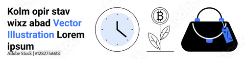 Analog clock, plant with Bitcoin sign indicating growth, and a luxury handbag. Ideal for finance, time management, retail, style, productivity, cryptocurrency flat landing page banner