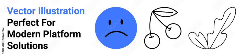 Fototapeta premium Blue sad face next to simple line art of cherries and abstract leaf design. Ideal for concepts in emotions, simplicity, balance, introspection, nature, modern platforms, flat landing page banner