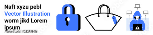 Padlock highlights security, purse emphasizes shopping, and hooded hacker portrays online threats. Ideal for technology, security awareness, e-commerce, privacy, digital fraud, hacking prevention