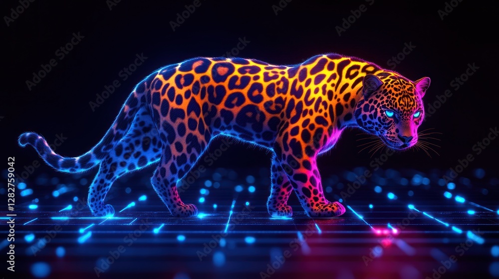 Naklejka premium Neon Jaguar Walking Digital Grid