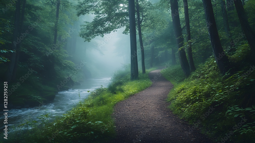 Obraz premium Tranquil forest scene features a meandering river, misty morning atmosphere, tall ancient trees, lush green foliage, soft natural lighting, and a dirt path, creating an ethereal woodland landscape