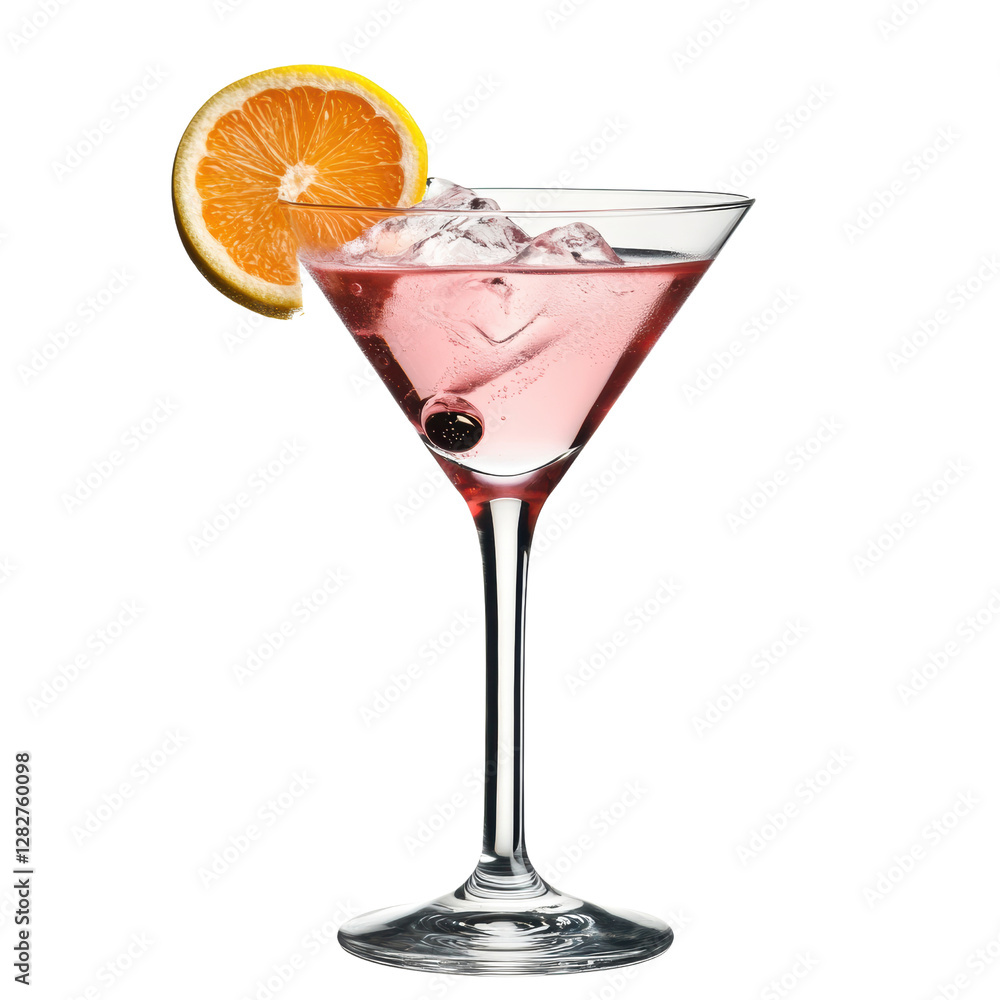 Pink cocktail served in a glass with an orange slice garnish on the rim for a refreshing drink experience on white background , cut out. Pink cocktail served in a glass with an orange slice garnish on the rim for a refreshing drink experience on white background , cut out.